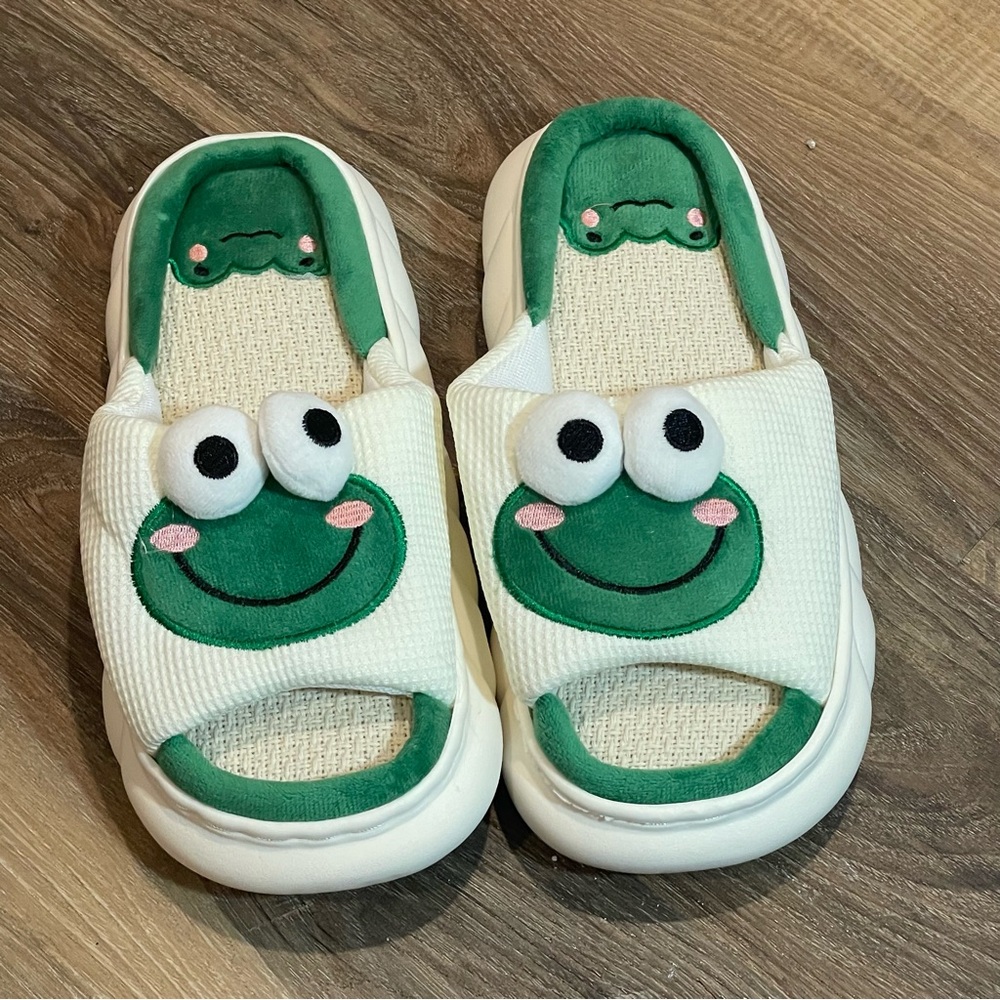 Frog Face House Slippers - Green and White